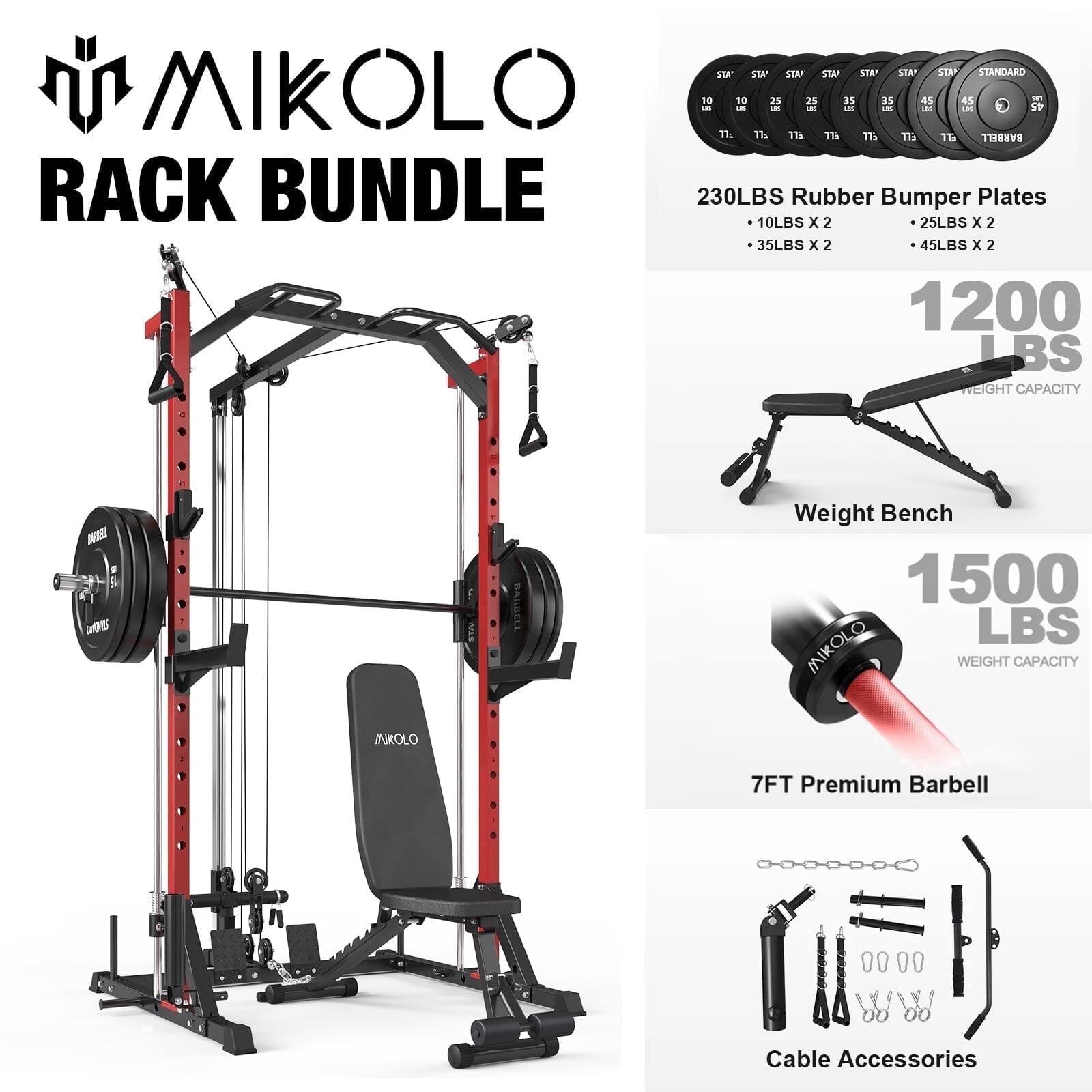 MIKOLC RACK BUNDLE

230LBS Rubber Bumper Plates
- 10LBS x 2
- 25LBS x 2
- 35LBS x 2
- 45LBS x 2

1200 LBS WEIGHT CAPACITY

Weight Bench

1500 LBS WEIGHT CAPACITY

7FT Premium Barbell

Cable Accessories