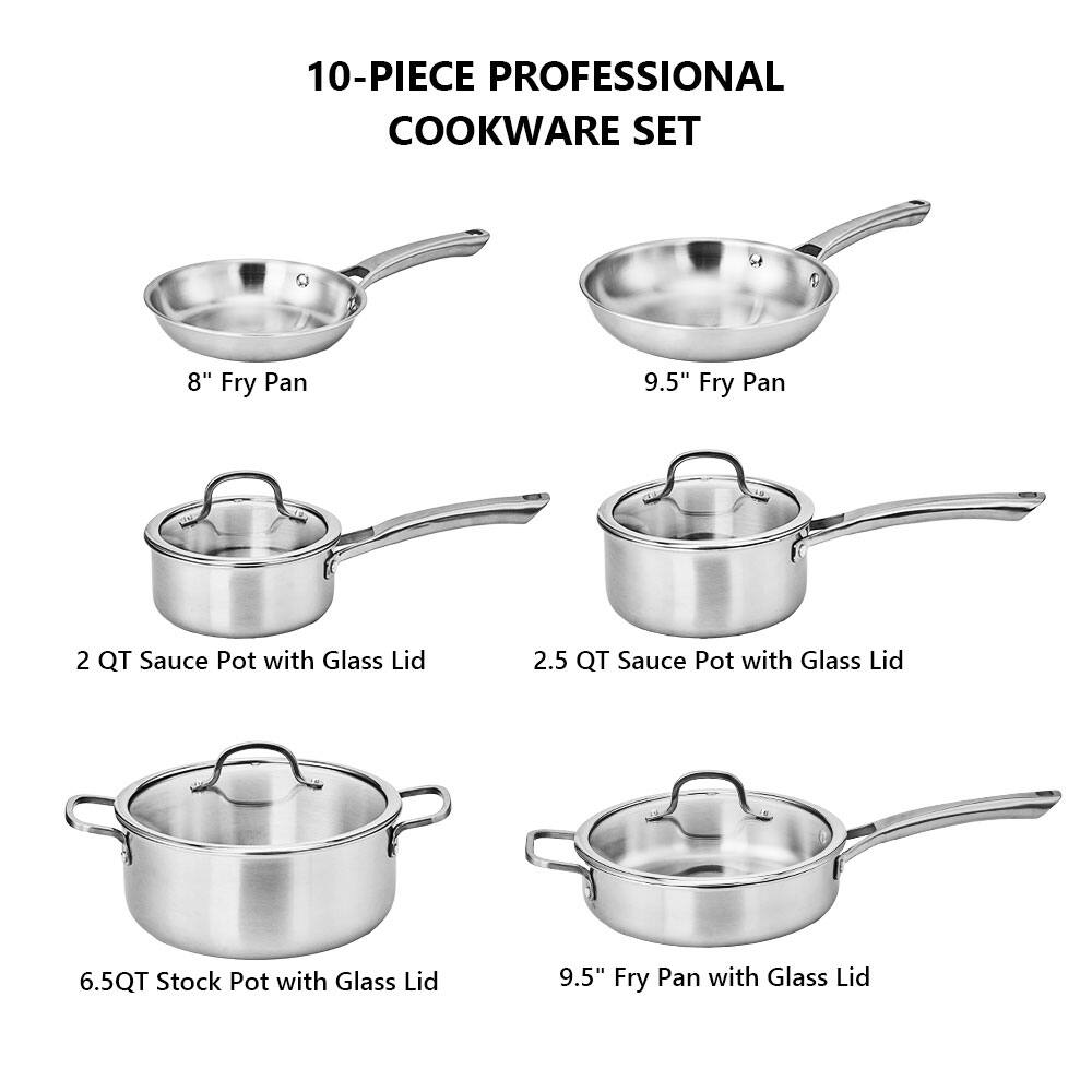 10-PIECE PROFESSIONAL COOKWARE SET

- 8" Fry Pan
- 9.5" Fry Pan
- 2 QT Sauce Pot with Glass Lid
- 2.5 QT Sauce Pot with Glass Lid
- 6.5 QT Stock Pot with Glass Lid
- 9.5" Fry Pan with Glass Lid