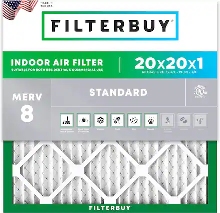 MADE IN THE USA
FILTERBUY INDOOR AIR FILTER
SUITABLE FOR BOTH RESIDENTIAL & COMMERCIAL USE
20x20x1
ACTUAL SIZE: 19-1/2 x 19-1/2 x 3/4
MERV 8 STANDARD
Household Dust & Debris
Dust Mites & Particles
Pollen
Mold
Lint
Dander
Smoke & Smog
Bacteria
Odors
CLASSIFIED C L US #R37912