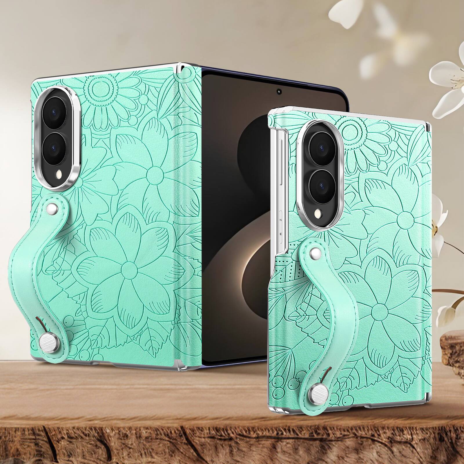 Alt View 3. Dteck - Shockproof Case for Samsung Galaxy Z Fold8 with Wristband, Floral Leather Texture Rigid Plastic Hinge Protective Cover - Green.