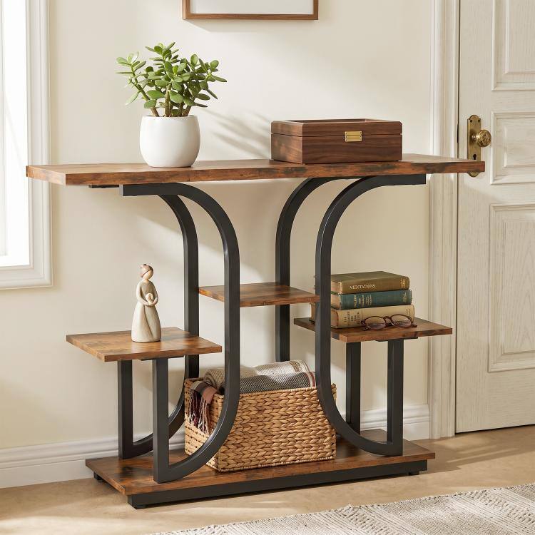 Alt View 1. PULUZ - 42.5 inch Modern Console Table, 3-Tier Narrow Entryway Table with Open Storage Shelves for Entryway - Rustic Brown.