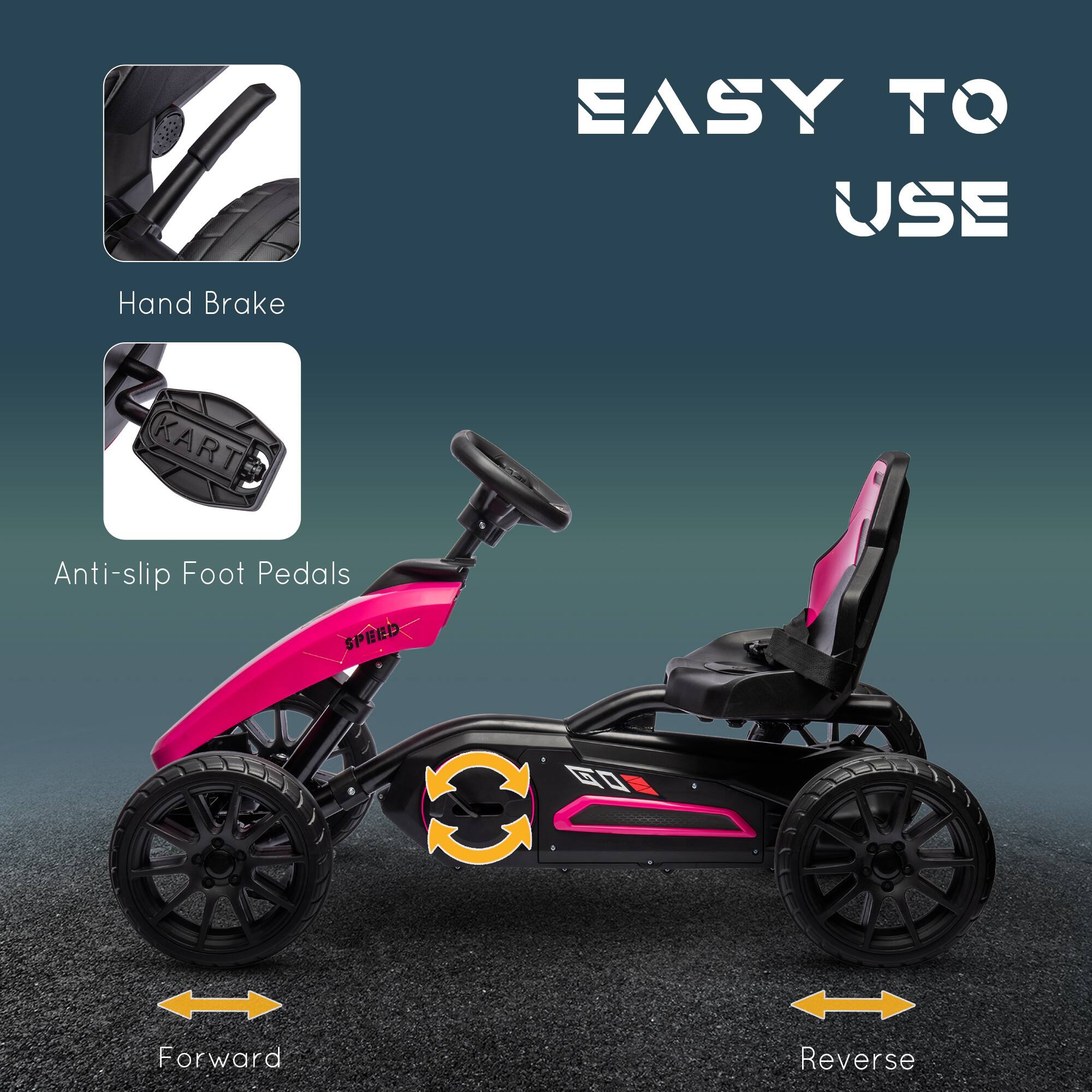 EASY TO USE

Hand Brake

Anti-slip Foot Pedals

Forward

Reverse