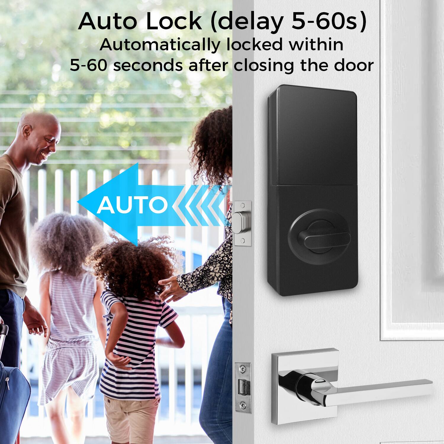 Auto Lock (delay 5-60s)  
Automatically locked within 5-60 seconds after closing the door  

AUTO