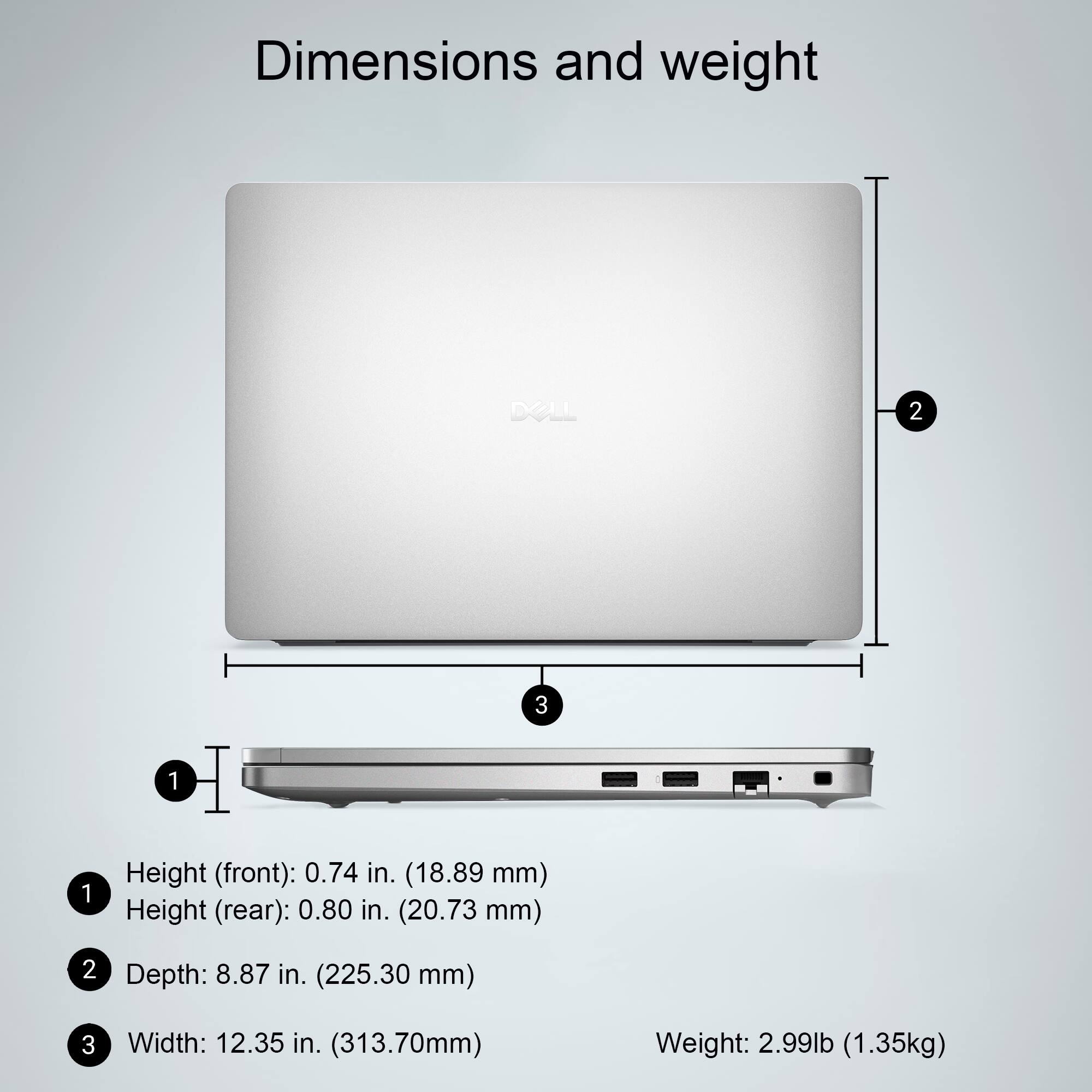 Dimensions and weight

1. Height (front): 0.74 in. (18.89 mm)
2. Height (rear): 0.80 in. (20.73 mm)
3. Depth: 8.87 in. (225.30 mm)
4. Width: 12.35 in. (313.70 mm)
5. Weight: 2.99 lb (1.35 kg)
