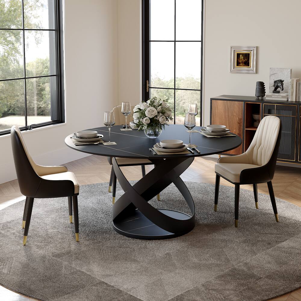 Left. POVISON - 51" Modern Black Round Dining Table for 4, Matte Sintered Stone Tabletop with Black X Carbon Steel Base - Black Matte Sintered Stone with Black.