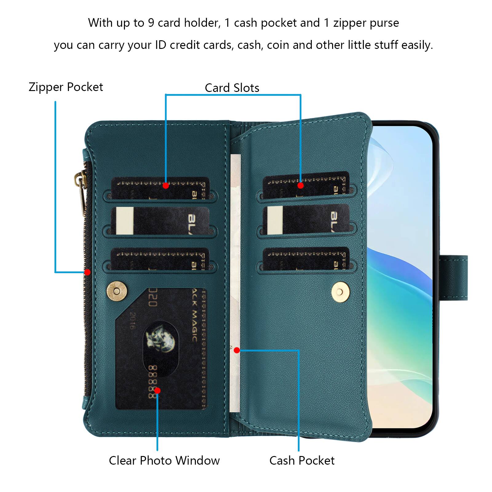 With up to 9 card holders, 1 cash pocket, and 1 zipper purse, you can carry your ID, credit cards, cash, coin, and other little stuff easily.

Zipper Pocket
Card Slots
2016
020 X X 88888
ACK MAGIC
Clear Photo Window
Cash Pocket