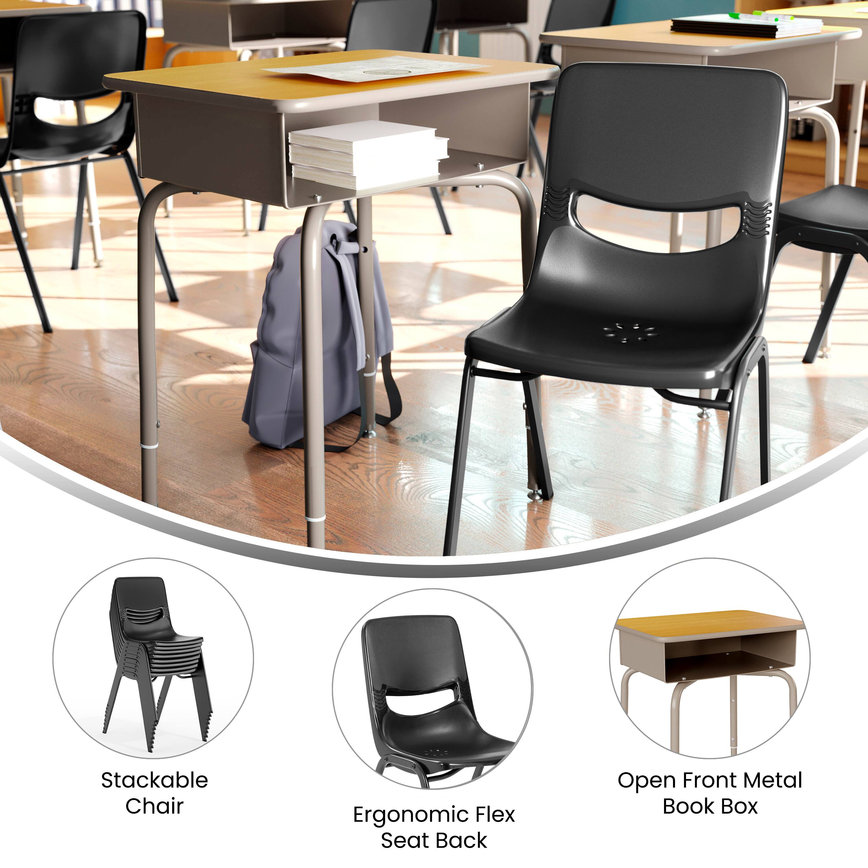 Stackable Chair  
Ergonomic Flex Seat Back  
Open Front Metal Book Box