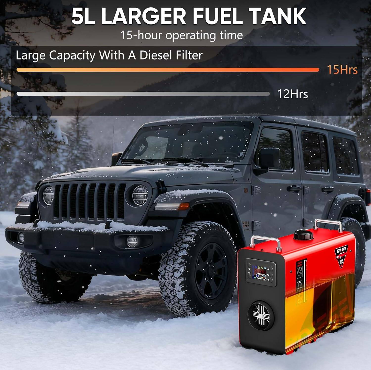 5L LARGER FUEL TANK  
15-hour operating time  
Large Capacity With A Diesel Filter  

15Hrs  
12Hrs