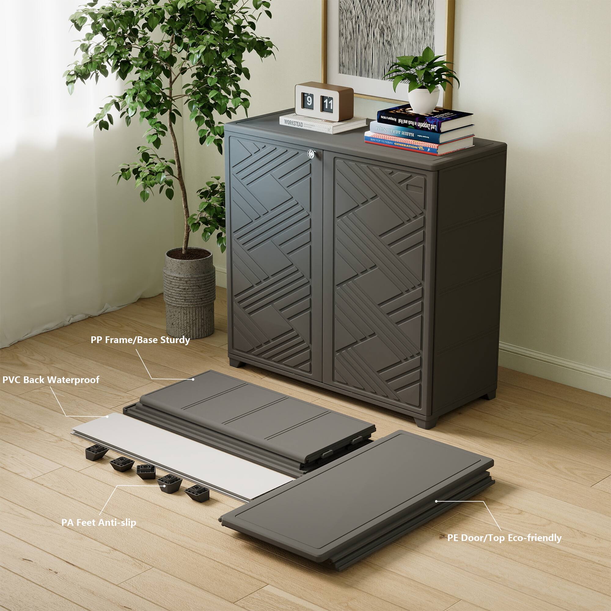 9 MORKSTIAS 11 - PUMM P, CucTO 2I. csm T | C - PTT - AL PP Frame/Base Sturdy PVC Back Waterproof PA Feet Anti-slip PE Door/Top Eco-friendly

- PP Frame/Base Sturdy
- PVC Back Waterproof
- PA Feet Anti-slip
- PE Door/Top Eco-friendly