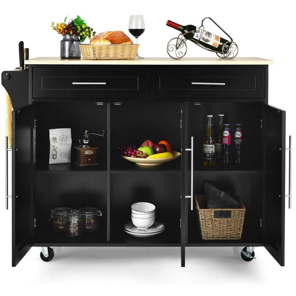 Left. Kadyn - Kitchen Island Trolley Wood Top Rolling Storage Cabinet Cart with Knife Block-Black, Kitchen Island, Island Table - Black.