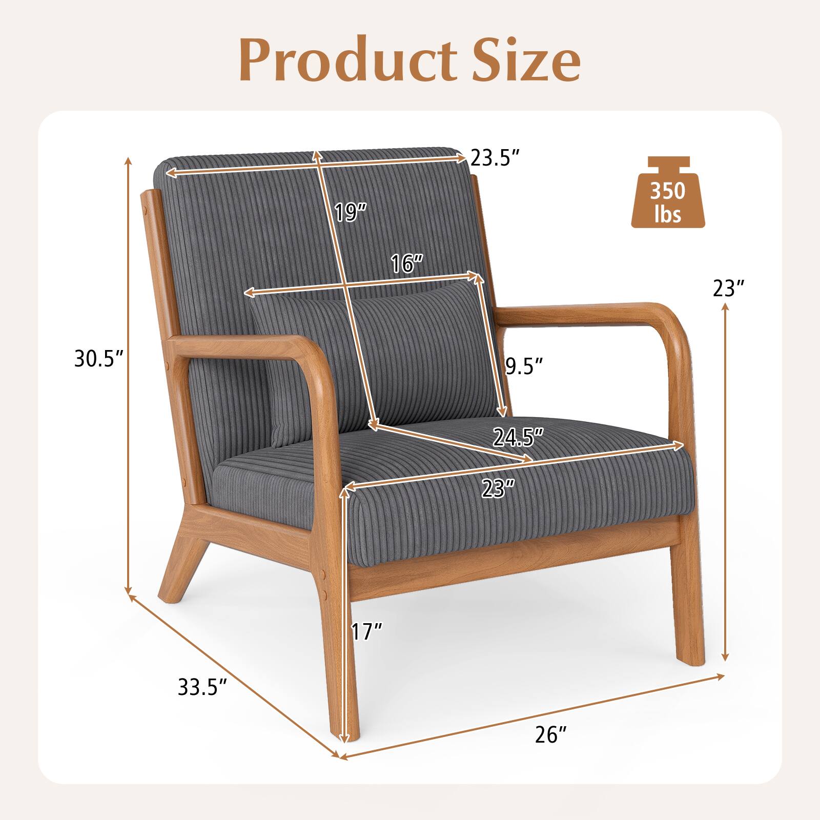 Product Size  
19" x 23.5" x 350 lbs  
16" x 23" x 30.5"  
9.5" x 24.5" x 23"  
17" x 33.5" x 26"