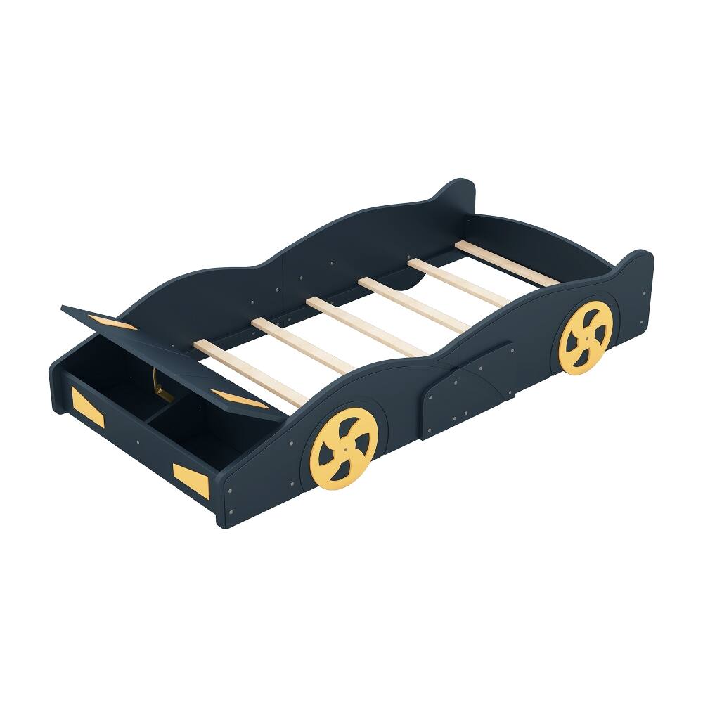 Alt View 9. Loheer - Loheer Twin Race Car Bed with Storage, Dark Blue Yellow Kids Bed - Dark Blue+Yellow.
