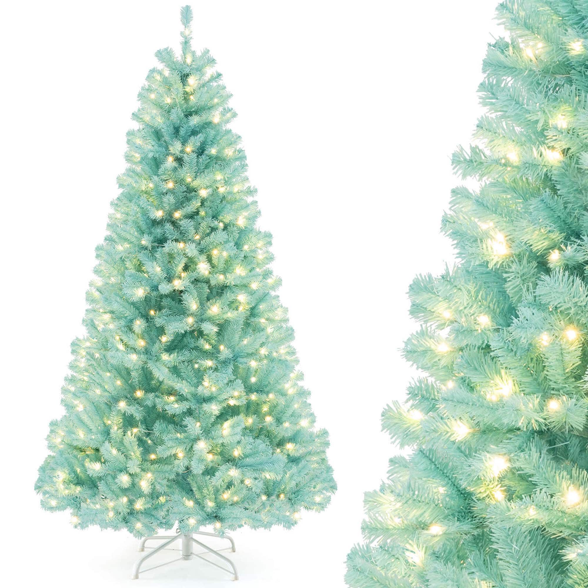 Costway - 7 FT Artificial Xmas Tree with 1040 Branch Tips 380 Warm White LED Lights - Blue