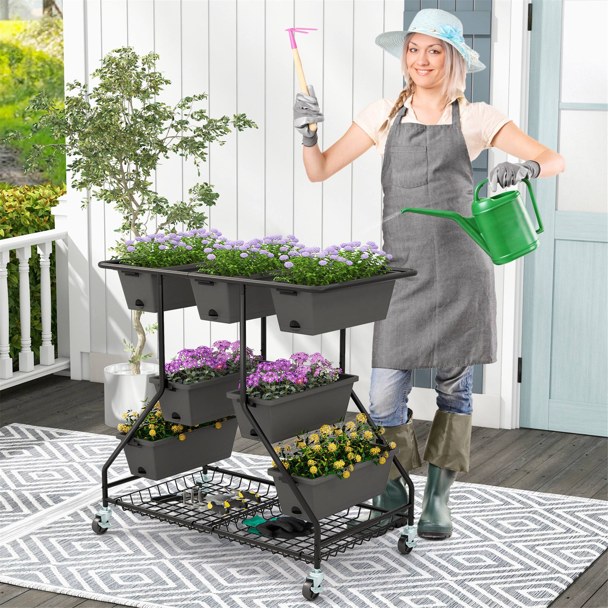 Alt View 1. Gymax - Gymax 3-tier Vertical Raised Garden Bed w/ 7 Planter Boxes Drainage Holes Storage Shelf - Grey, Black.