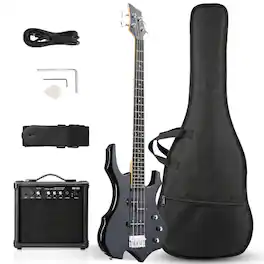Winado - Electric Bass Guitar Full Size Flame Design Bass Guitar Kit,Full Equipment with 20 Watt Amplifier, Portable Bass Ba - Gray