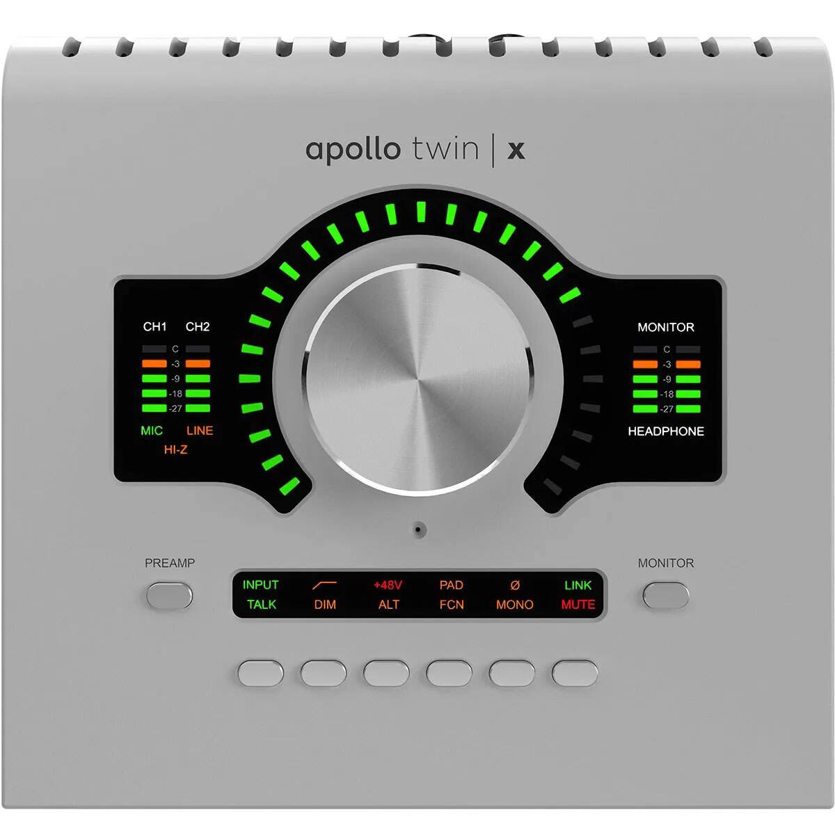 apollo twin x  
CH1 CH2  
MONITOR C -3 0 -18 -27  
C -3 -9 -18 -27  
MIC LINE HI-Z  
HEADPHONE  
PREAMP  
MONITOR INPUT  
TALK DIM +48V ALT PAD FCN 0  
MONO LINK MUTE