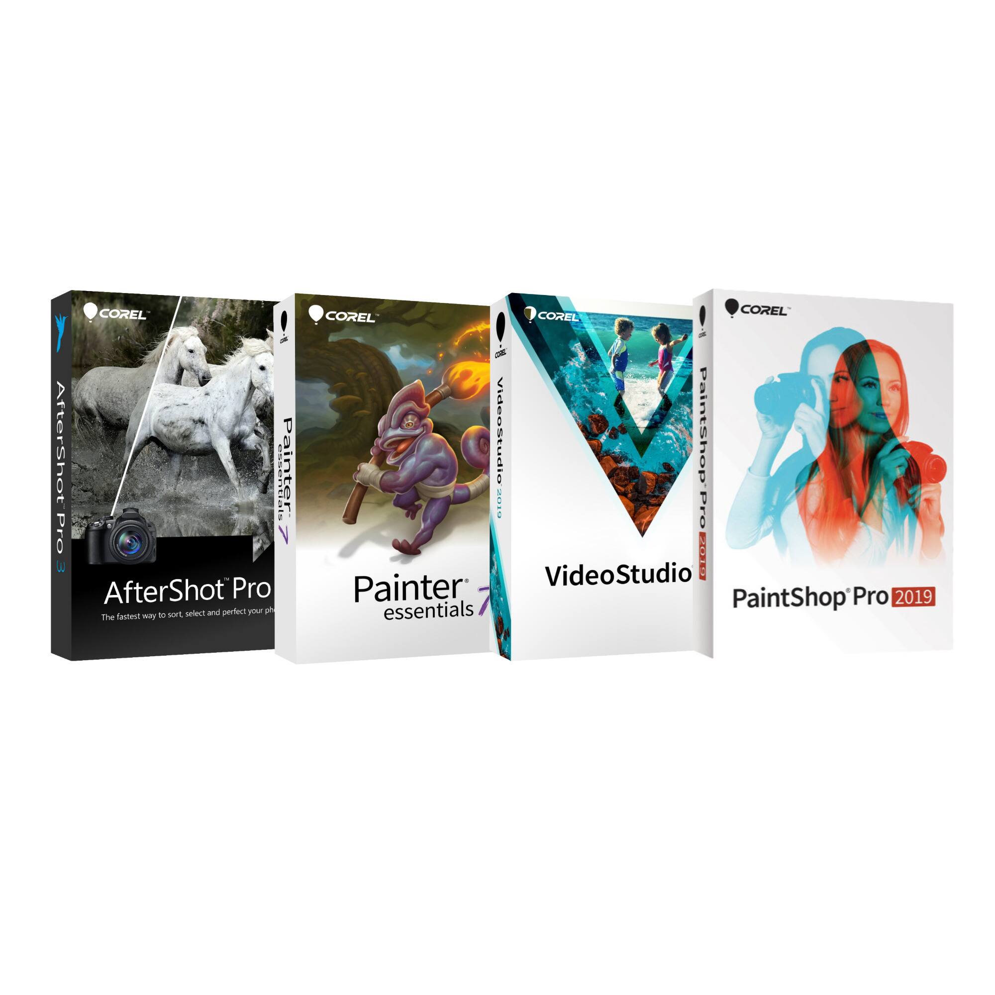 Corel AfterShot Pro, Painter, VideoStudio Pro, and PaintShop Pro are all software programs designed for photo and video editing.