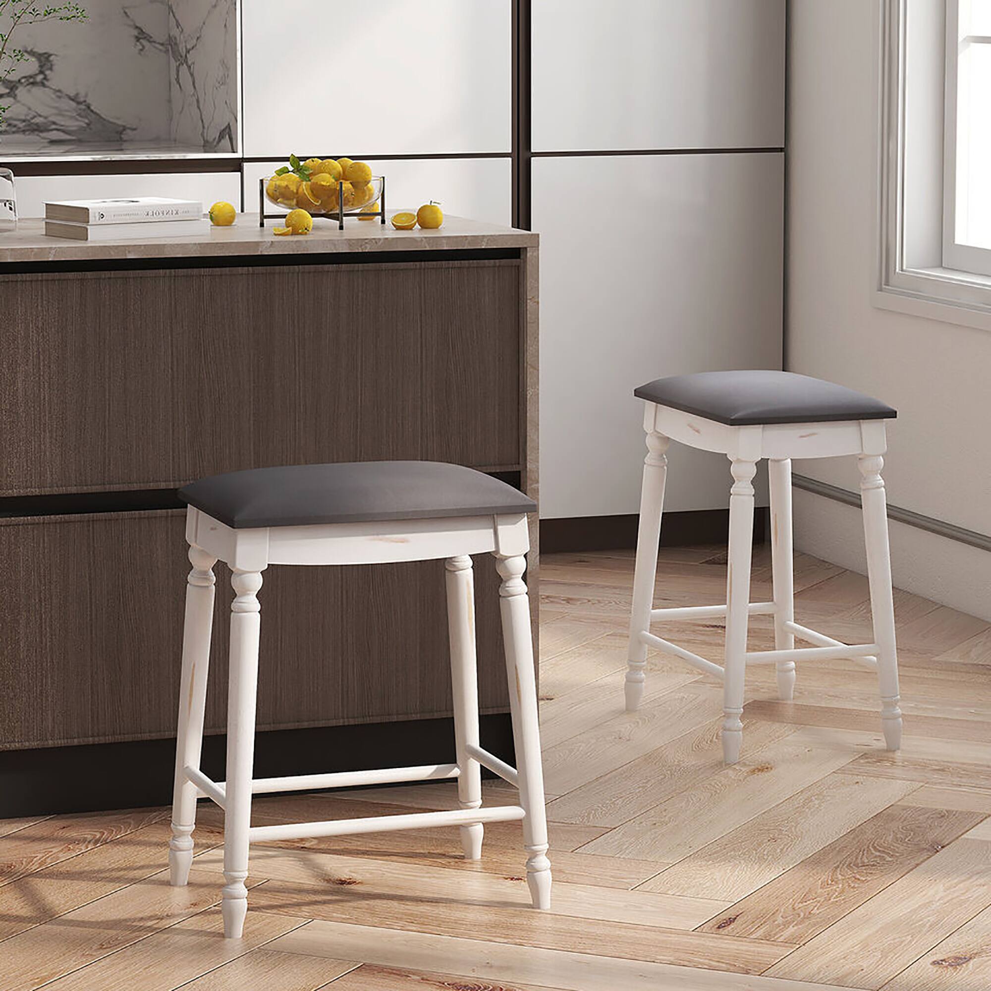 Alt View 4. Gymax - Gymax 24'' Bar Stool Set of 4 w/ Padded Seat Cushions Rubber Wood Legs Upholstered - Gray, Antique White.