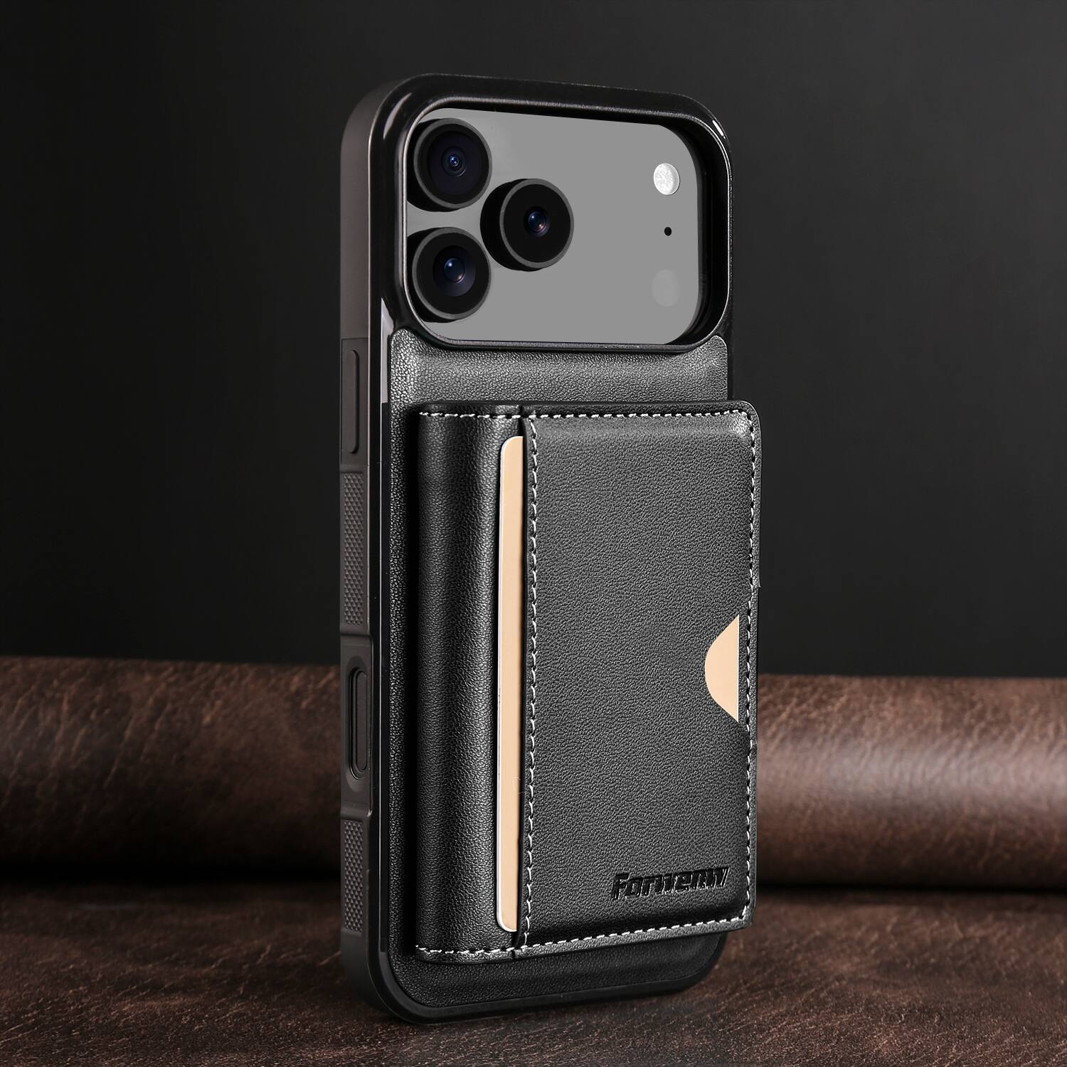 Angle. Dteck - 2-in-1 Magnetic Detachable Wallet Case for Apple iPhone 17 Pro Max, PU Leather Shockproof Cover with Kickstand - Black.