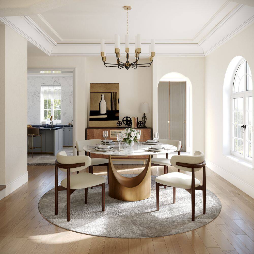 Angle. POVISON - 47" White Round Glossy Sintered Stone Dining Table with Bronze U-shaped Steel Base - White Glossy Sintered Stone with Bronze Steel Base.