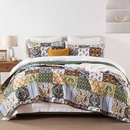 NICHOLAS KLEIN - Boho Quilt Set Queen Plaid Bedspread Sets Paisley Soft Microfiber Quilts For Bed Coverlet All Season 96 x90 - Brown/Olive King