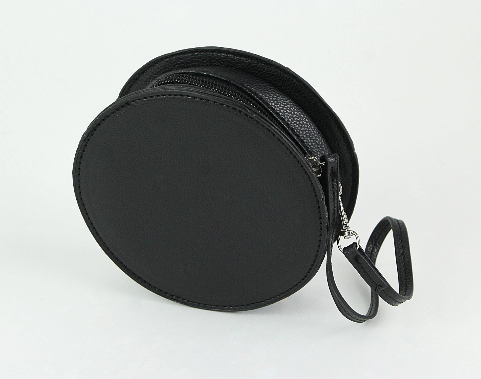 Alt View 3. Comeco - Textured Black Vinyl Skull Design Round Wristlet Purse with Removable Strap 5 Inch Diameter - Black.