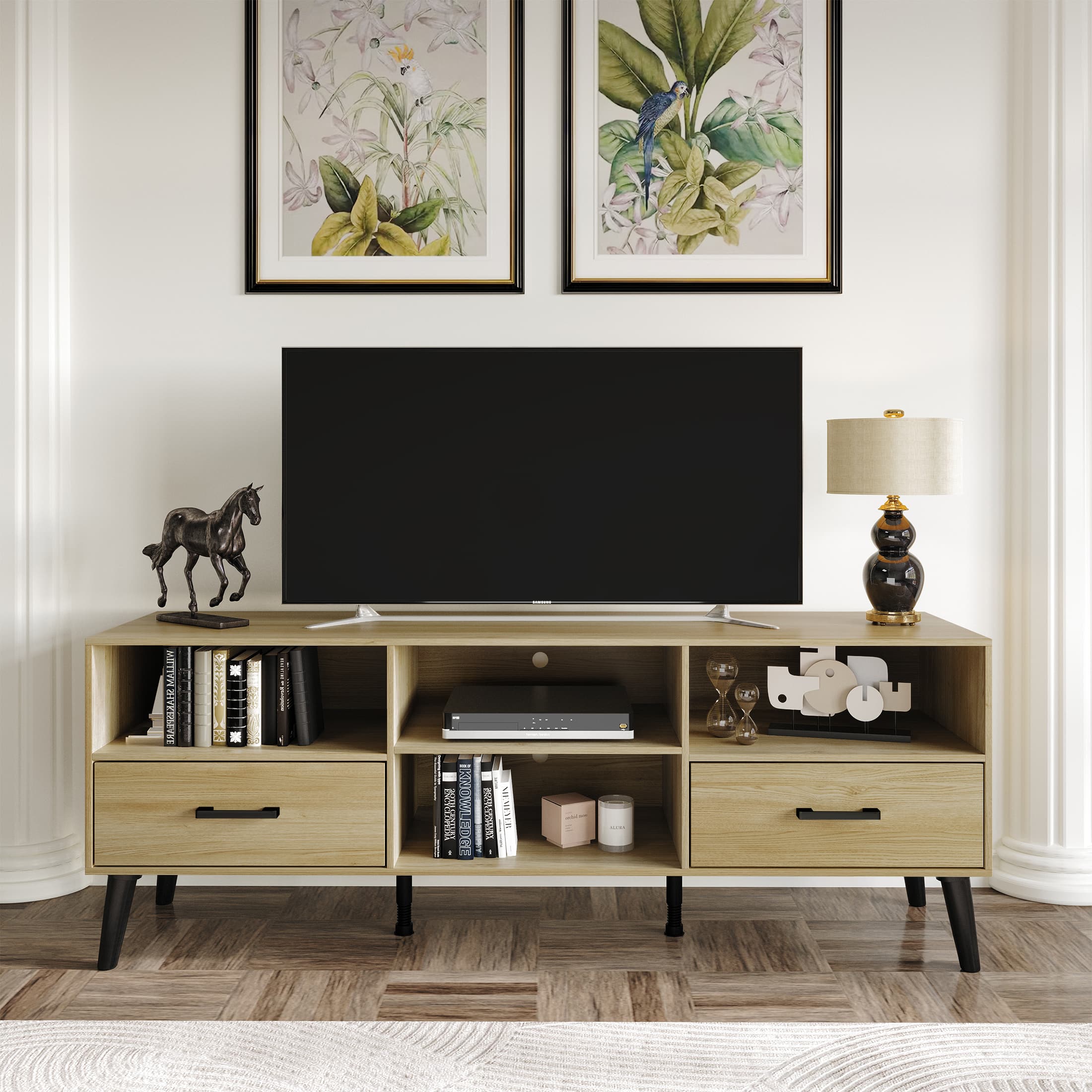 ChaletPosh - Mid-Century TV Stand with Dual Drawers and 4 Open Cubes, Sanremo - Light Oak