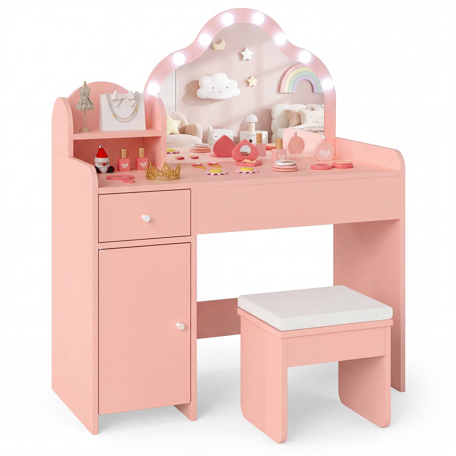 Gymax - Kids Vanity Set Princess Pretend Play Makeup Desk w/ Cute Cloud-Shaped Mirror - Pink