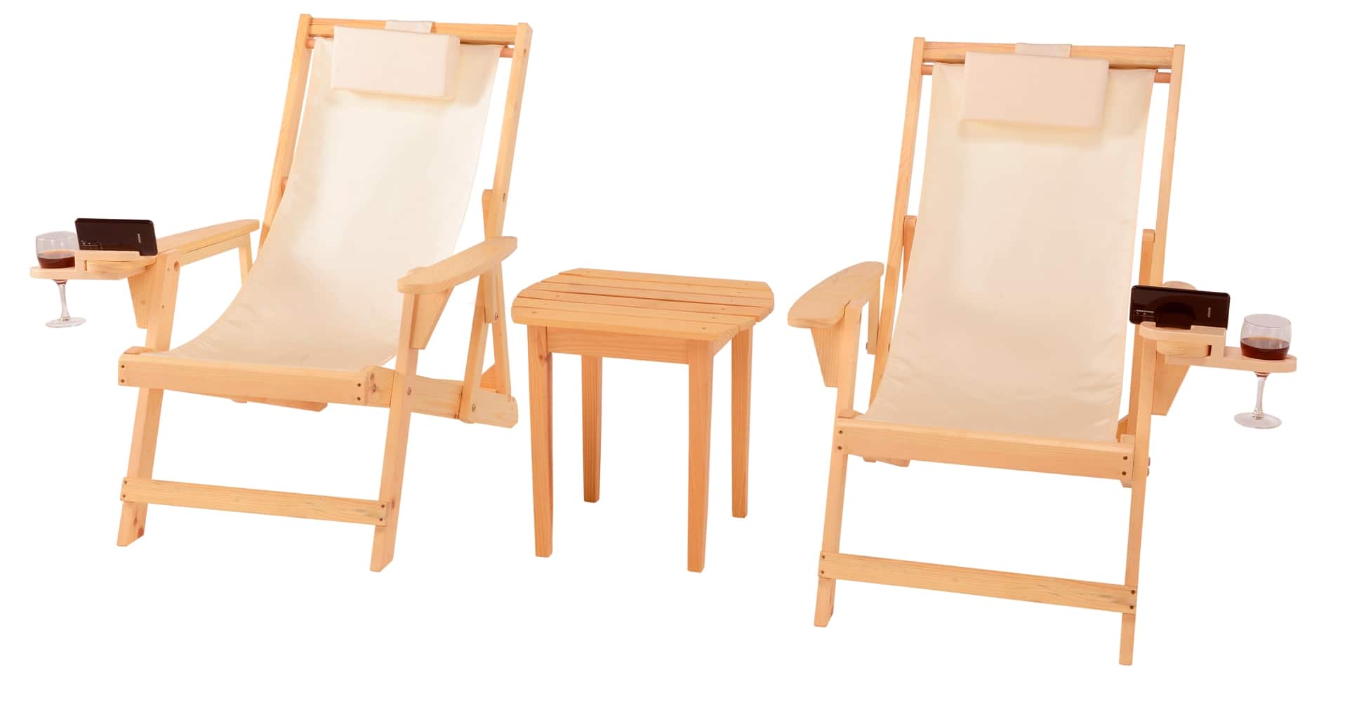 Jiallo - Romantic Collection Canvas Sling Chairs with Cup and Wine Holder and end table - Natural color with beige fabric price history on PriceWatchPro
