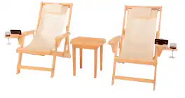 Jiallo - Romantic Collection Canvas Sling Chairs with Cup and Wine Holder and end table - Natural color with beige fabric