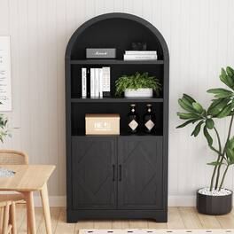Vipbear - 71" Tall Arched Bookcase Cabinet with Doors, 5 Tier Arched Cabinets with Storage & Open Adjustable Shelves - Black