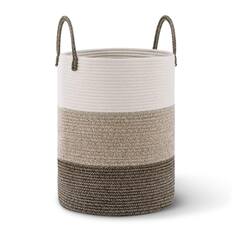 Front. Cheer Collection - Laundry Hamper, Large Woven Rope, 15" x 19.7" Cotton Laundry Basket with Handles, Clothes Hamper for Bedroom, Bathroom - 3-Tone Tan.