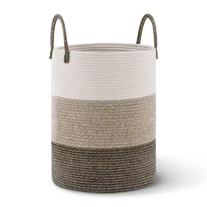Front. Cheer Collection - Laundry Hamper, Large Woven Rope, 15" x 19.7" Cotton Laundry Basket with Handles, Clothes Hamper for Bedroom, Bathroom - 3-Tone Tan.
