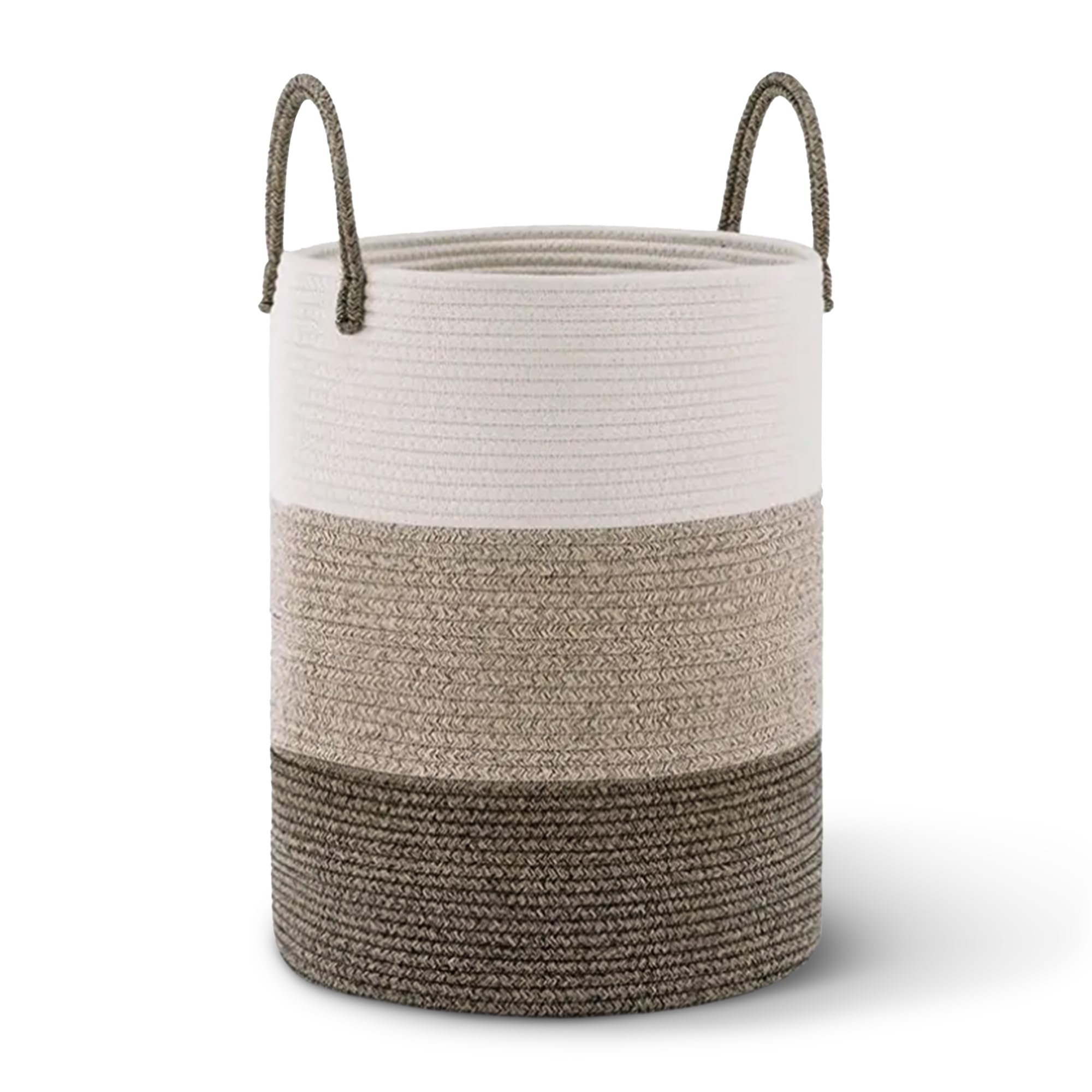 Front. Cheer Collection - Laundry Hamper, Large Woven Rope, 15" x 19.7" Cotton Laundry Basket with Handles, Clothes Hamper for Bedroom, Bathroom - 3-Tone Tan.