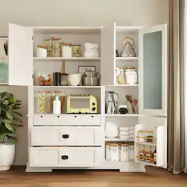 Whisen - 63" W Kitchen Buffet with Hutch, Storage Pantry Cabinet with Microwave Workstation & 3 Drawers - White