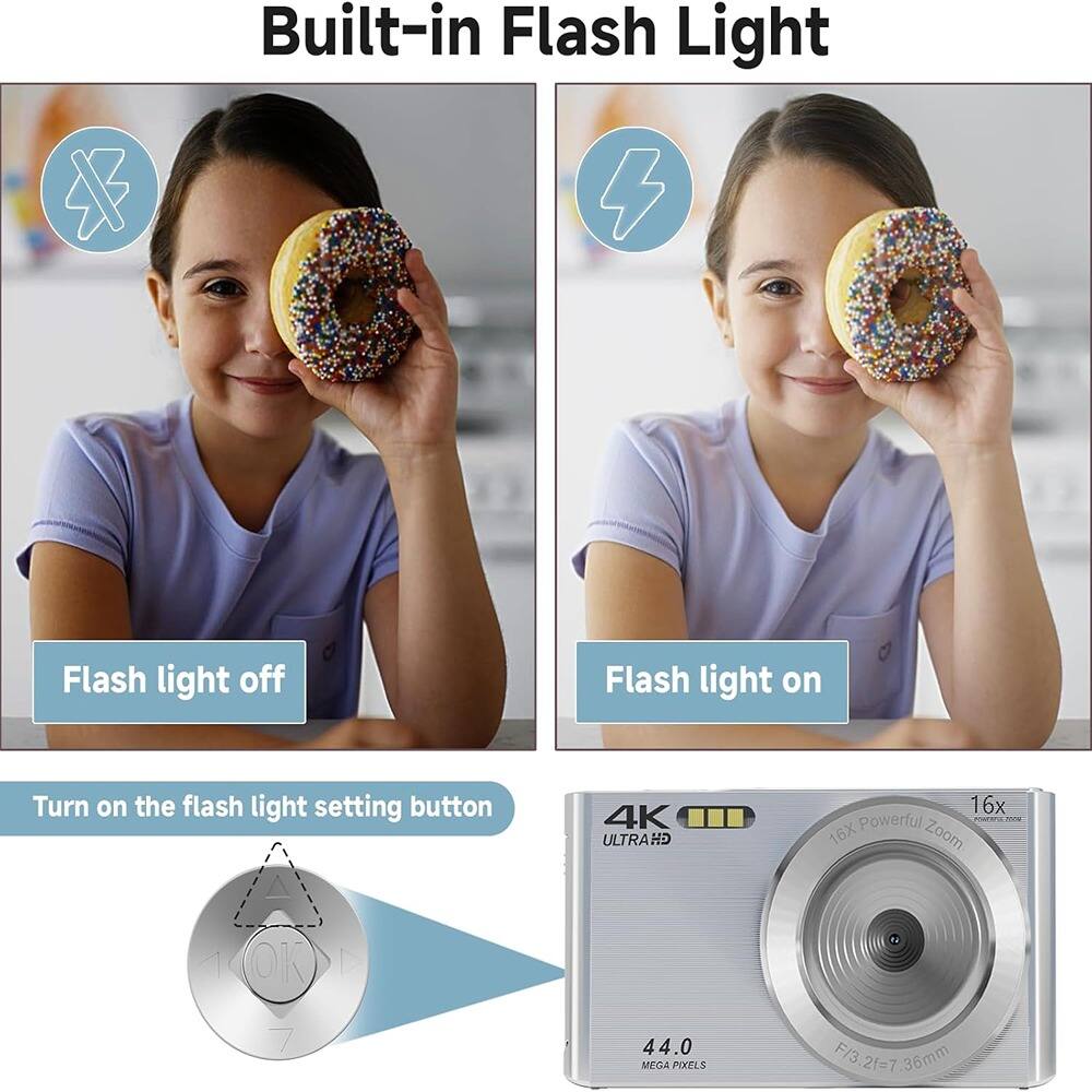Built-in Flash Light

Flash light off

Flash light on

Turn on the flash light setting button

4K ULTRA HD

16x Powerful Zoom

44.0 MEGA PIXELS

F/3.2 = 7.36mm