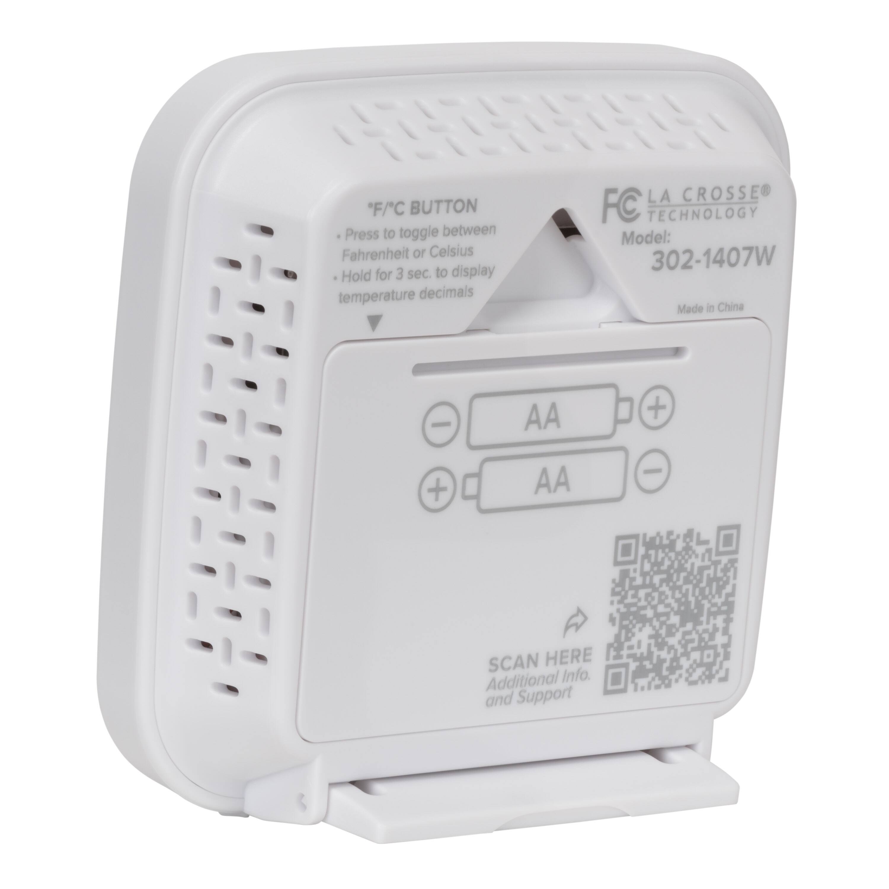 F/C BUTTON  
Press to toggle between Fahrenheit or Celsius  
Hold for 3 sec. to display temperature decimals  

LA CROSSE TECHNOLOGY  
Model: 302-1407W  
Made in China  

AA + AA  

SCAN HERE  
Additional Info. and Support