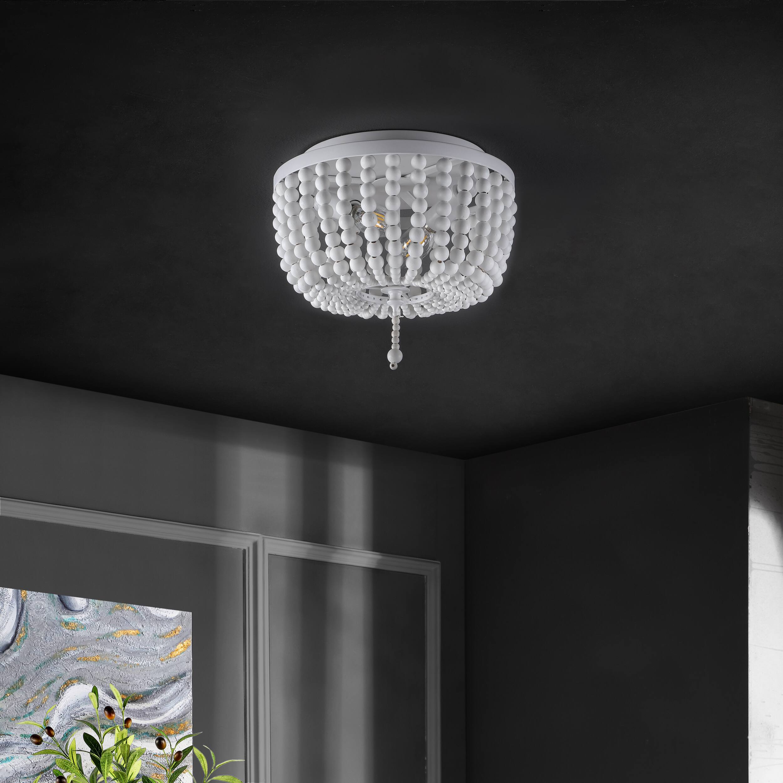 Alt View 5. Jonathan Y - Allison 10" 2-Light Shabby Chic Farmhouse Wood Beaded/Metal LED Flush Mount, White - White.