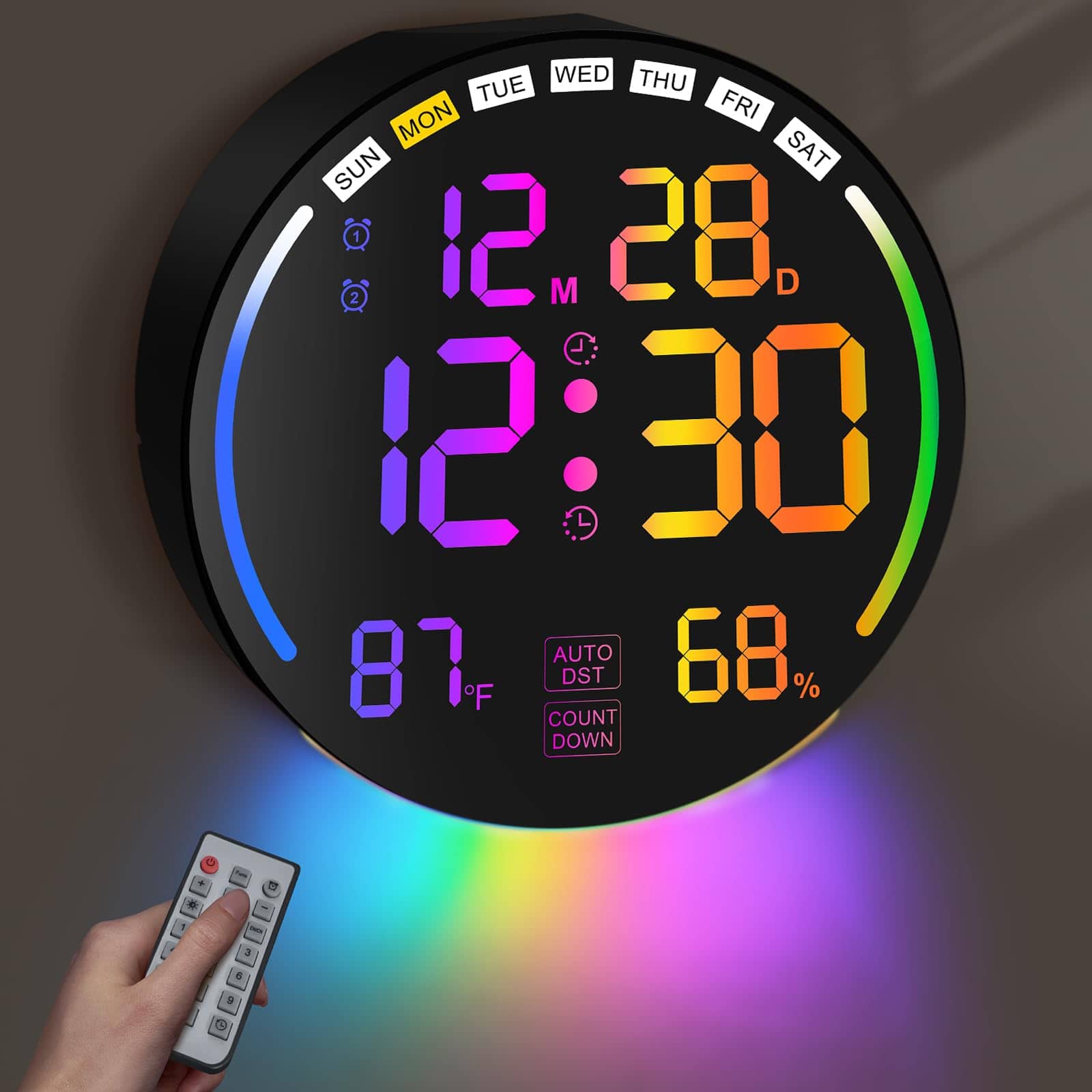 Dazzed Corner - 10.3" Digital Wall Clock with LED Display, Dual Alarms, Countdown/Count-Up Timer - Multicolor