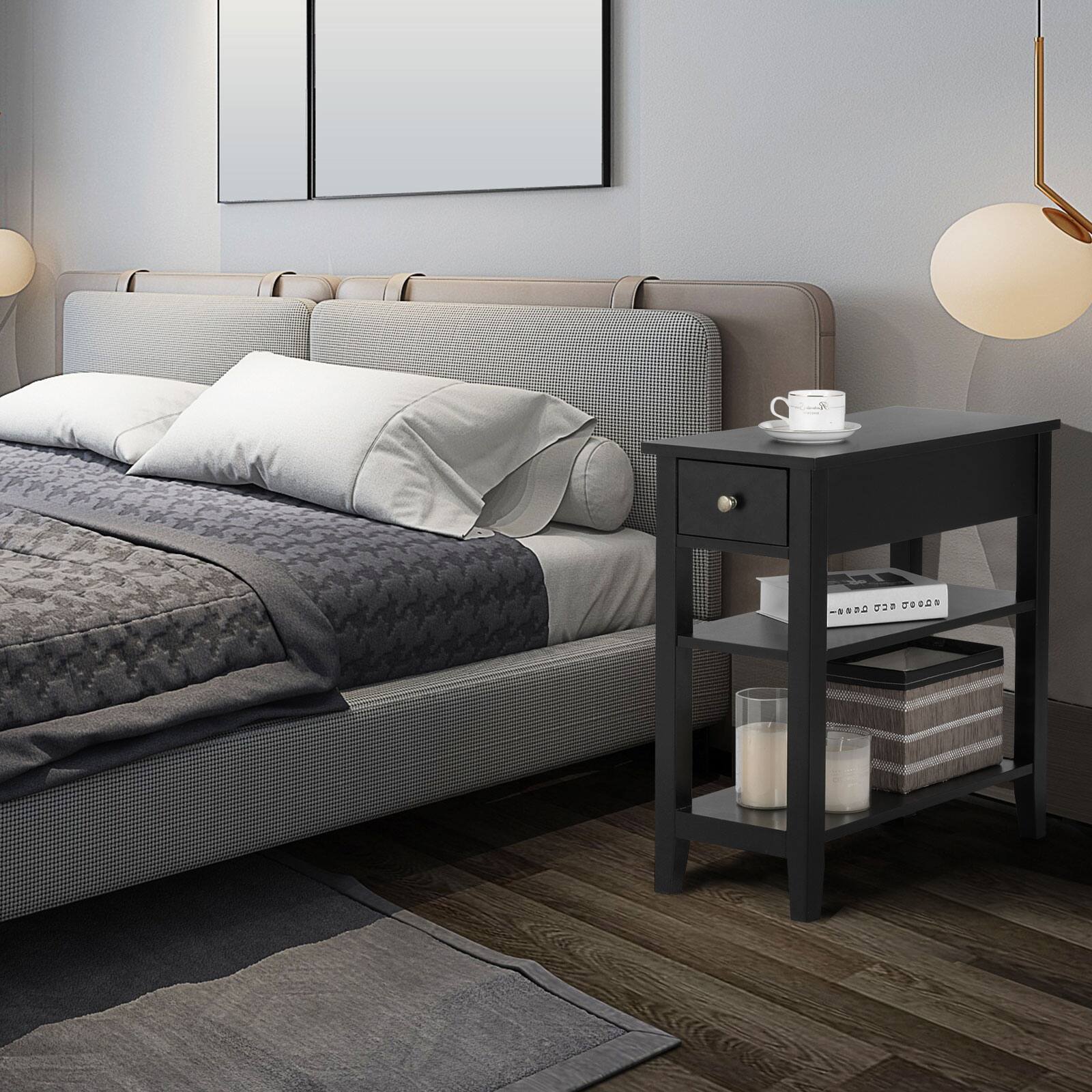 Alt View 8. Ecooso - 3-Tier End Table with Drawer slideway and Double Shelves - Black.