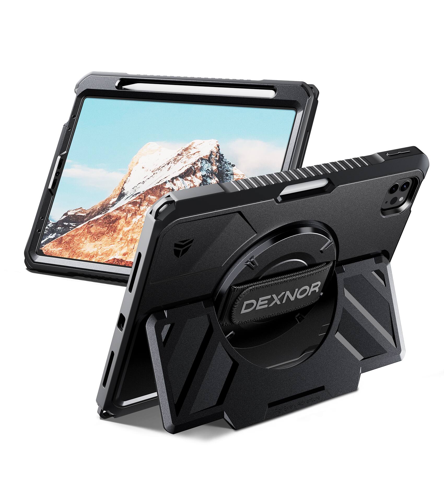 Angle. Dexnor - Case for iPad Pro 11 inch 4th/3rd/2nd/1st Gen, Rugged Shockproof Case with 360° Rotating Hand Strap & Screen Protector - Black.