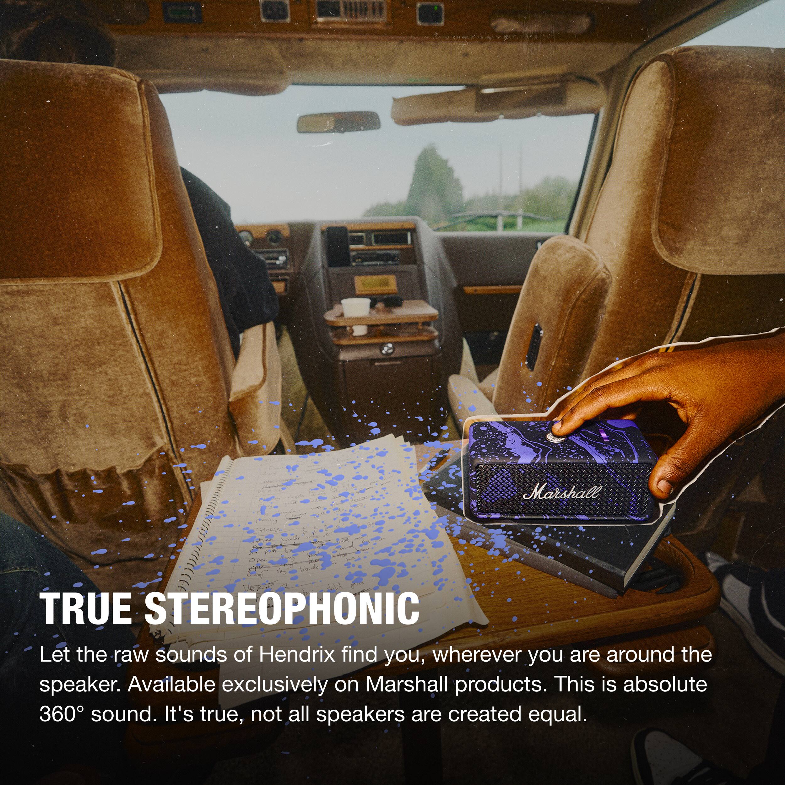 Marshall  
TRUE STEREOPHONIC  
Let the raw sounds of Hendrix find you, wherever you are around the speaker. Available exclusively on Marshall products. This is absolute 360° sound. It's true, not all speakers are created equal.