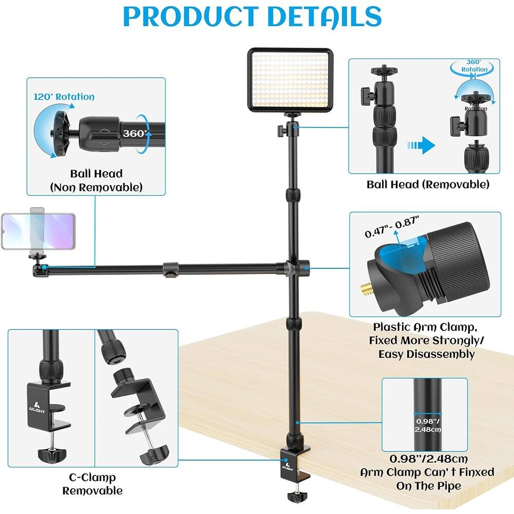 **PRODUCT DETAILS**

- **120° Rotation**
- **360° Rotation**
- **Ball Head (Non Removable)**
- **Ball Head (Removable)**
- **0.47" - 0.87"**
- **Plastic Arm Clamp, Fixed More Strongly / Easy Disassembly**
- **C-Clamp Removable**
- **0.98"/2.48cm**
- **Arm Clamp Can't Fixed On The Pipe**