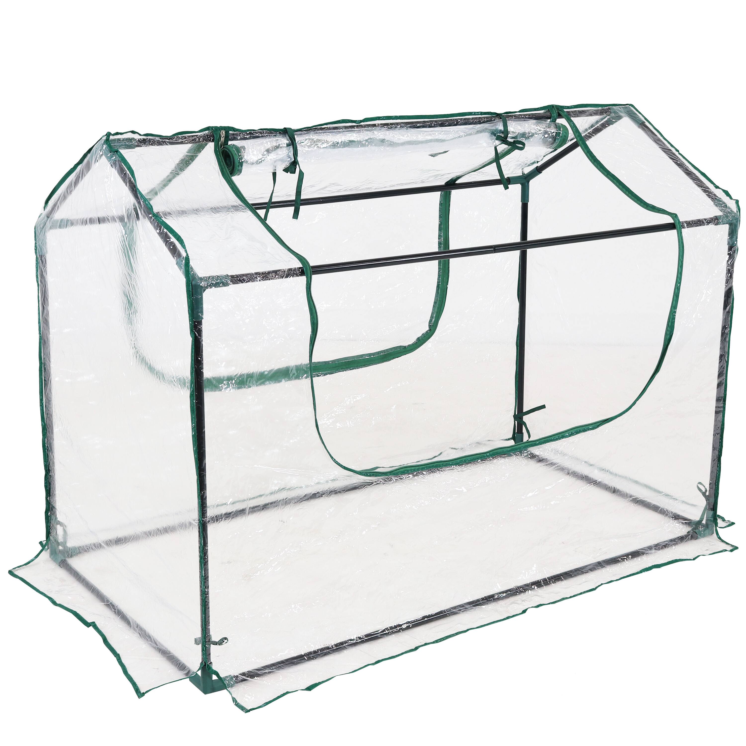 Front. Sunnydaze - 4 x 2 ft Iron PVC Panel Mini Greenhouse with 2 Doors - Clear.