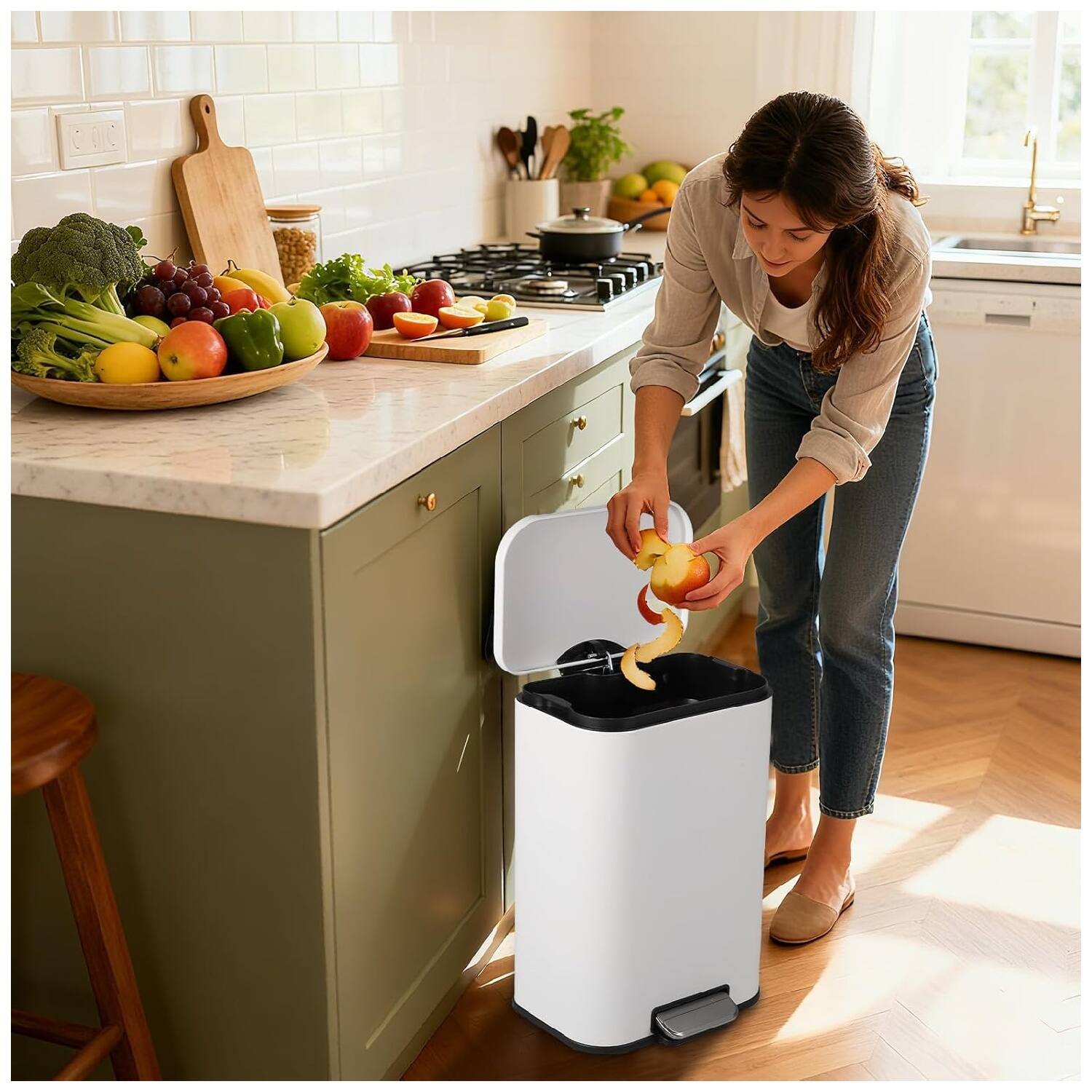 Angle. GARVEE - Stainless Steel 50L Kitchen Trash Can with Soft-Close Lid and Foot Pedal, Fingerprint-Proof - White.