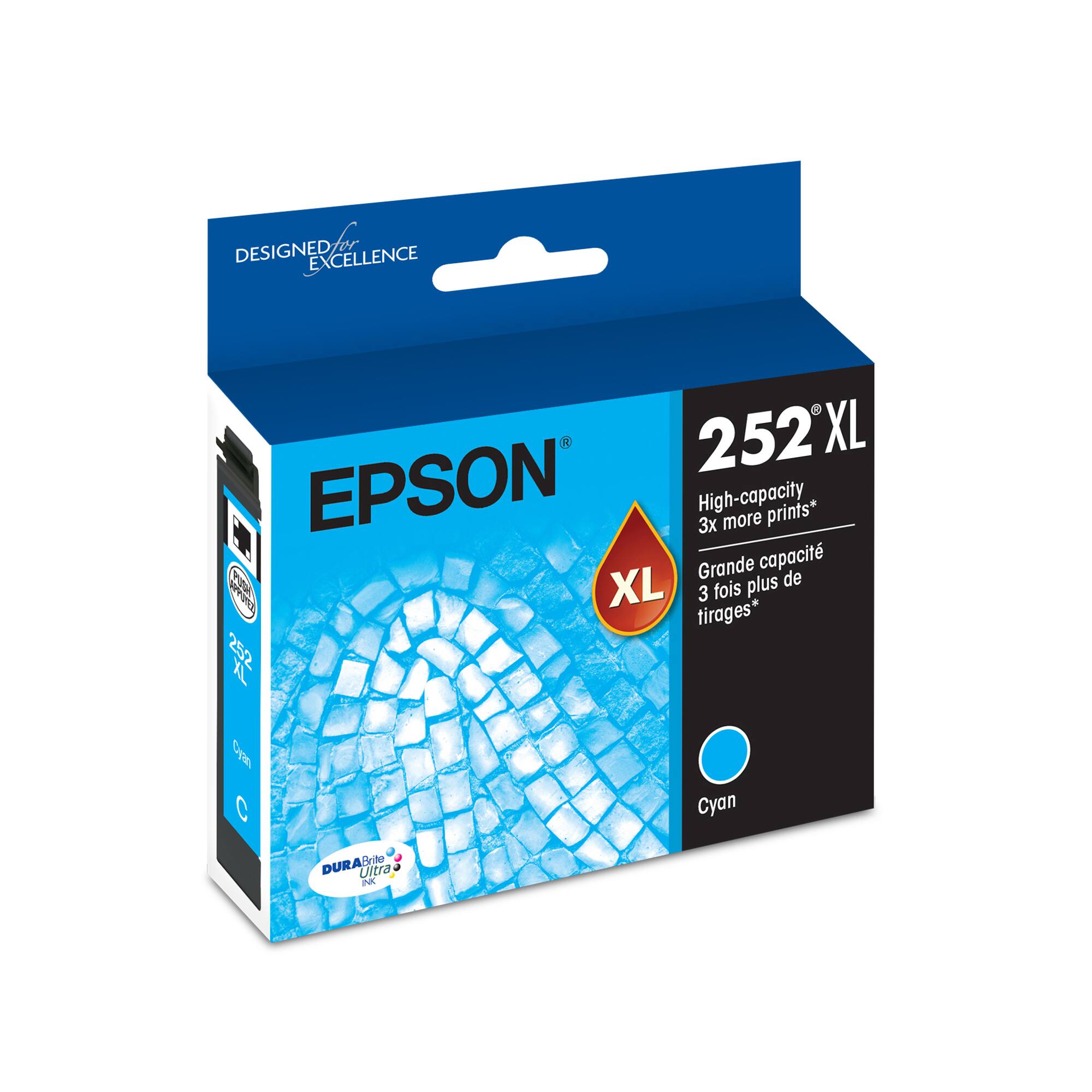 Designed for Excellence 252 XL EPSON High-capacity 3x more prints* Grande capacit h0s XL plus de 3 fois tirages* 252 XL Cyan DURA Brite Ultra.