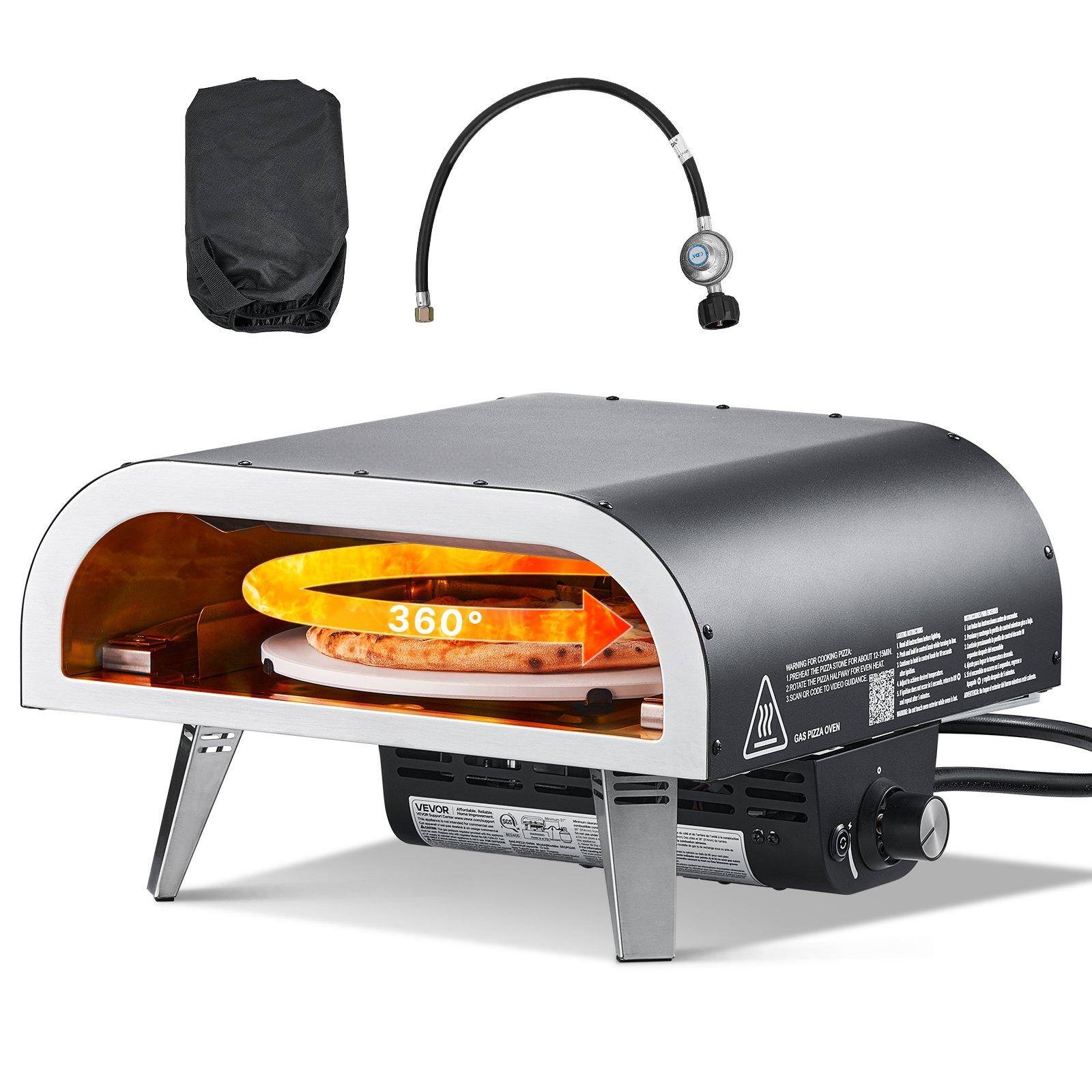Glintex - 12in Pizza Oven Outdoor Propane, Electric Rotation, Thick Stone, Carry Bag for Patio - Black