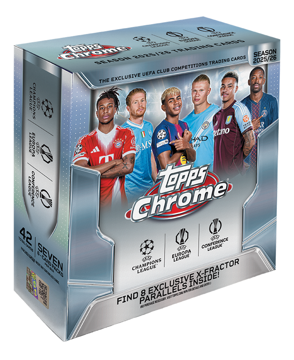 40 M A0 EALIA EMAR CARDS Chrome 10PPS /28 TRADING SEASON 2025/26 CARDS 2025/26 SEASON TRADING CLUB COMPETITIONS UEFA THE EXCLUSIVE LEAGUE CHAMPIONS 3 TN IA R I etano HAD LEAGUE EUROPA UE AN -MS AYS m LEAGUE CONFERENCE A TePPS Chrome 42 TOTAL CONFERENCE CAPES LEAGUE 6 EUROPA SEVEN VE -CARD N PER N PACKS CHAMPIONS LEAGUE X-FRACTOR ! 0 EXCLUSIVE INSIDE! DETALSAND UnO AOR PARALLELS 8 M0.299CT FIND VIST NEGESSARY O PURCHASE

---

**Corrected Text:**

Topps Chrome  
Season 2025/26  
The Exclusive UEFA Club Competitions Trading Cards  
42 Seven-Card Packs  
Find 8 Parallels Inside!  
Exclusive X-Fractor  
Champions League  
Europa League  
Conference League  
Season 25/26  
Purchase Necessary. Visit Topps.com for Rules and Entry.