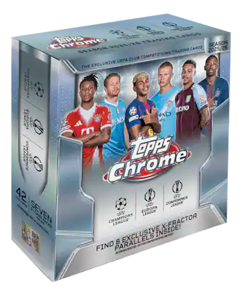 40 M A0 EALIA EMAR CARDS Chrome 10PPS /28 TRADING SEASON 2025/26 CARDS 2025/26 SEASON TRADING CLUB COMPETITIONS UEFA THE EXCLUSIVE LEAGUE CHAMPIONS 3 TN IA R I etano HAD LEAGUE EUROPA UE AN -MS AYS m LEAGUE CONFERENCE A TePPS Chrome 42 TOTAL CONFERENCE CAPES LEAGUE 6 EUROPA SEVEN VE -CARD N PER N PACKS CHAMPIONS LEAGUE X-FRACTOR ! 0 EXCLUSIVE INSIDE! DETALSAND UnO AOR PARALLELS 8 M0.299CT FIND VIST NEGESSARY O PURCHASE
---
**Corrected Text:**
Topps Chrome
Season 2025/26
The Exclusive UEFA Club Competitions Trading Cards
42 Seven-Card Packs
Find 8 Parallels Inside!
Exclusive X-Fractor
Champions League
Europa League
Conference League
Season 25/26
Purchase Necessary. Visit Topps.com for Rules and Entry.