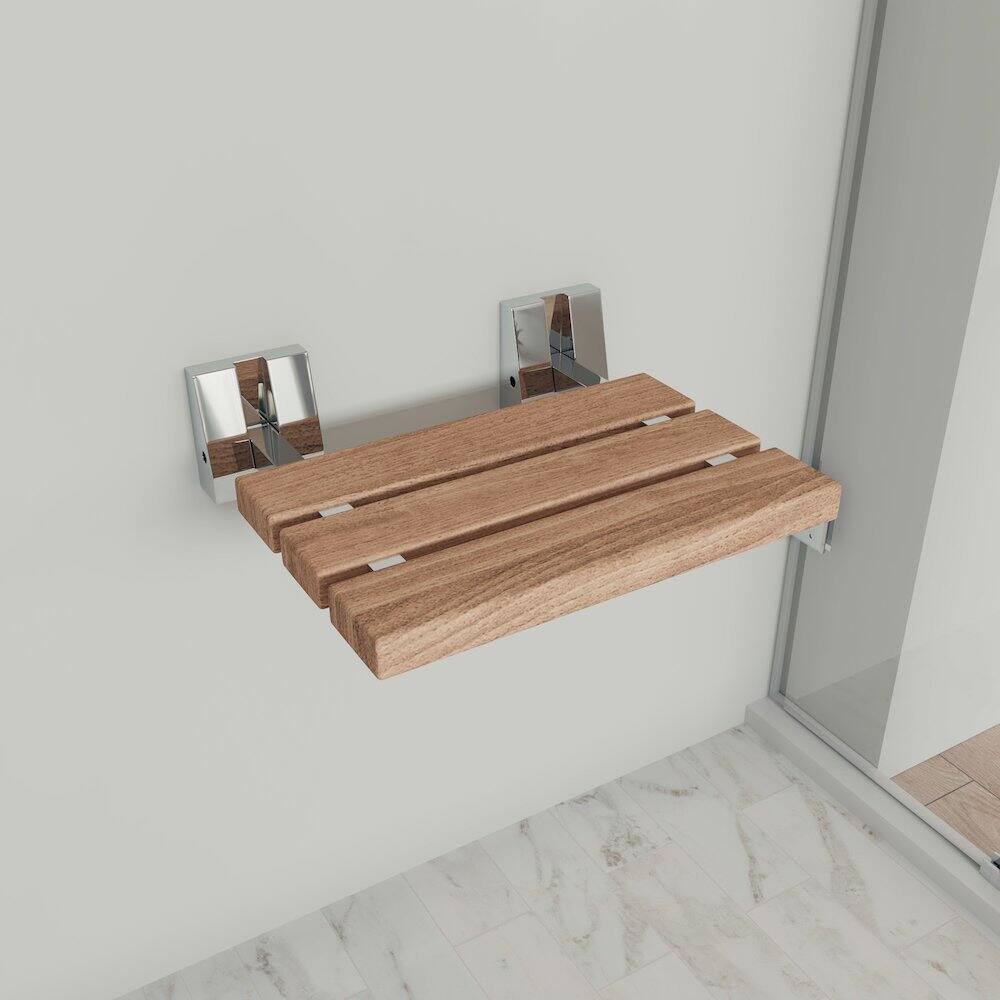 Angle. Alfi - Polished Chrome 16" Folding Teak Wood Shower Seat Bench - Brown.